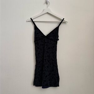 Navy Blue Floral Slip Dress - Spaghetti Straps